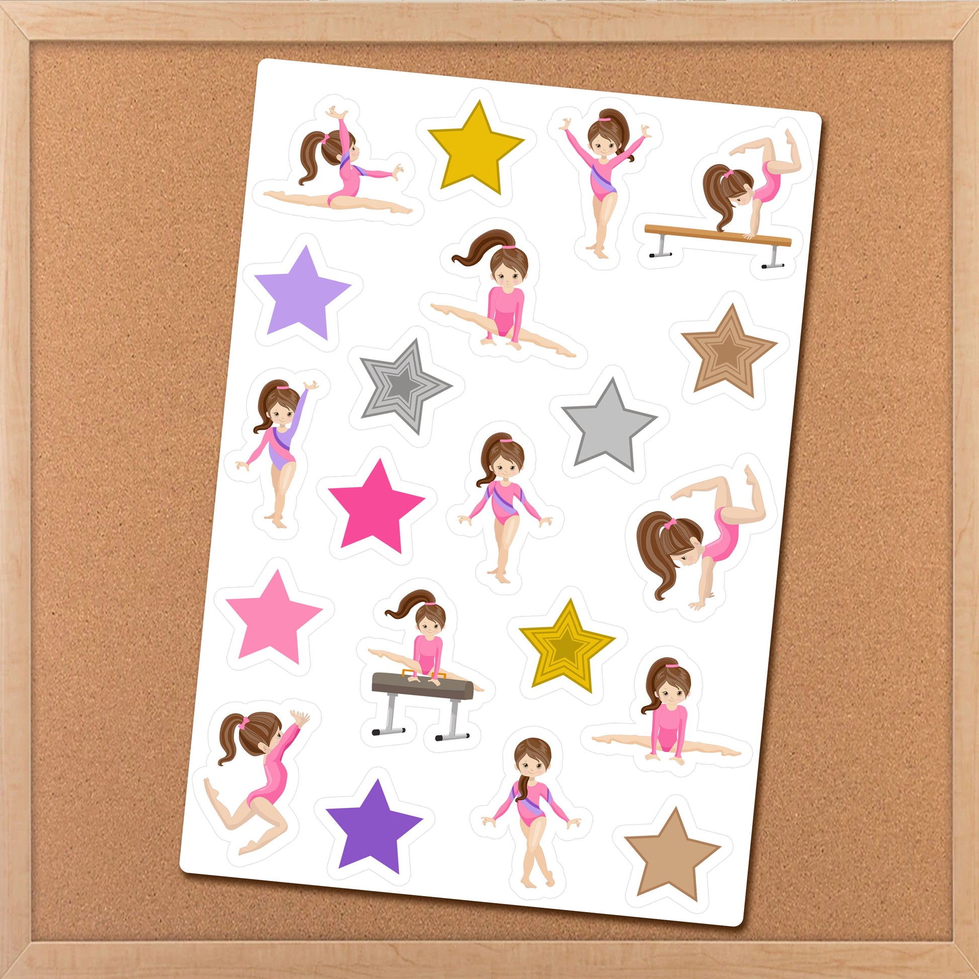 a sticker sheet with a girl doing gymnastics