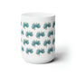 a white mug with blue flowers on it