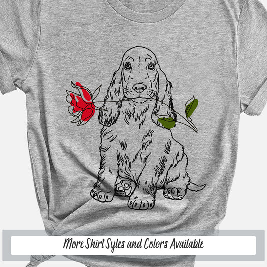 a gray t - shirt with a dog and a rose on it