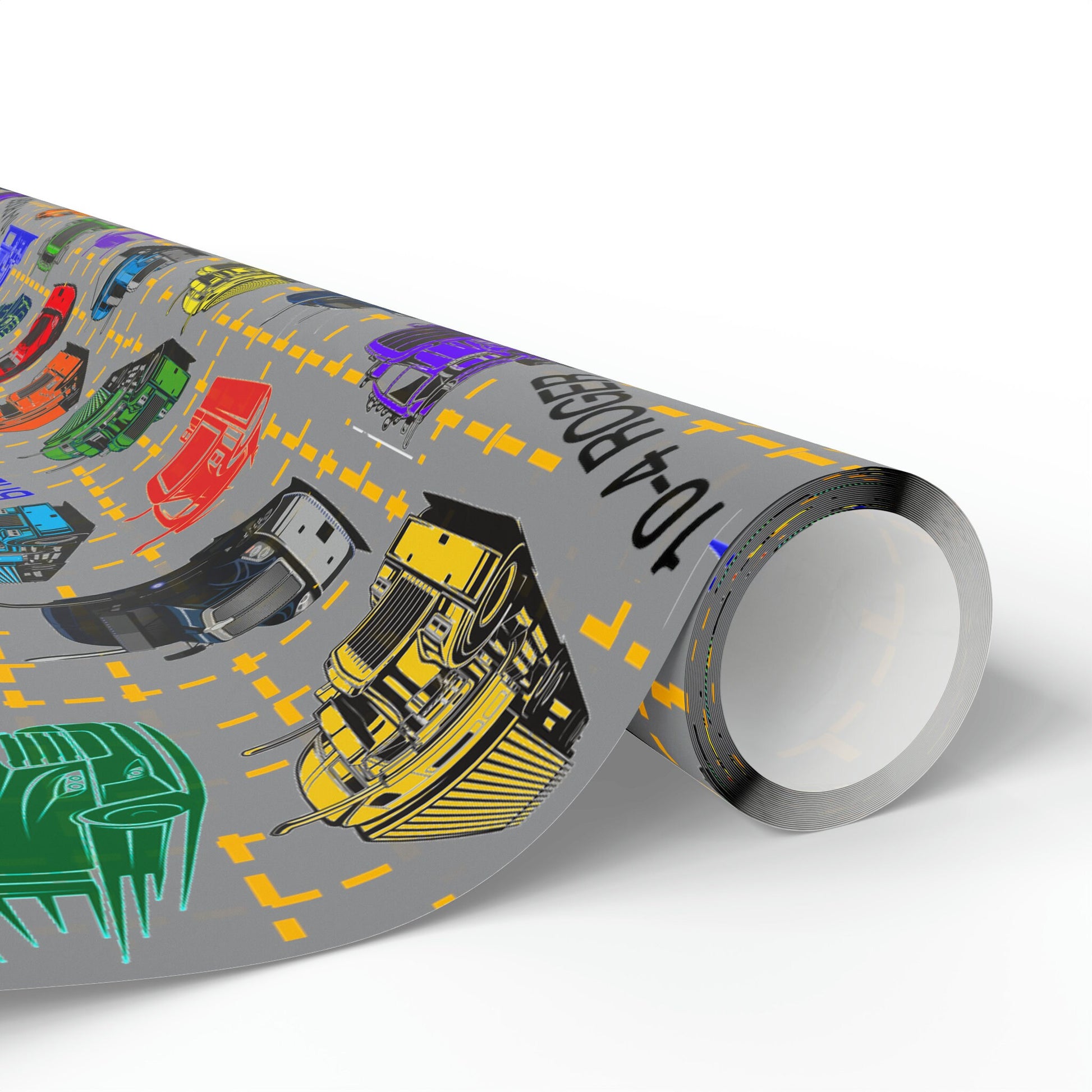 a roll of wrapping paper with cars on it