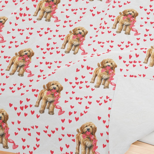 Golden Doodle & Hearts Plush Velveteen Throw Blanket, Movie Night Couch Blanket, Dog Lover Cozy Bed Blanket Gift for Mom, Cute Dog Mama Gift