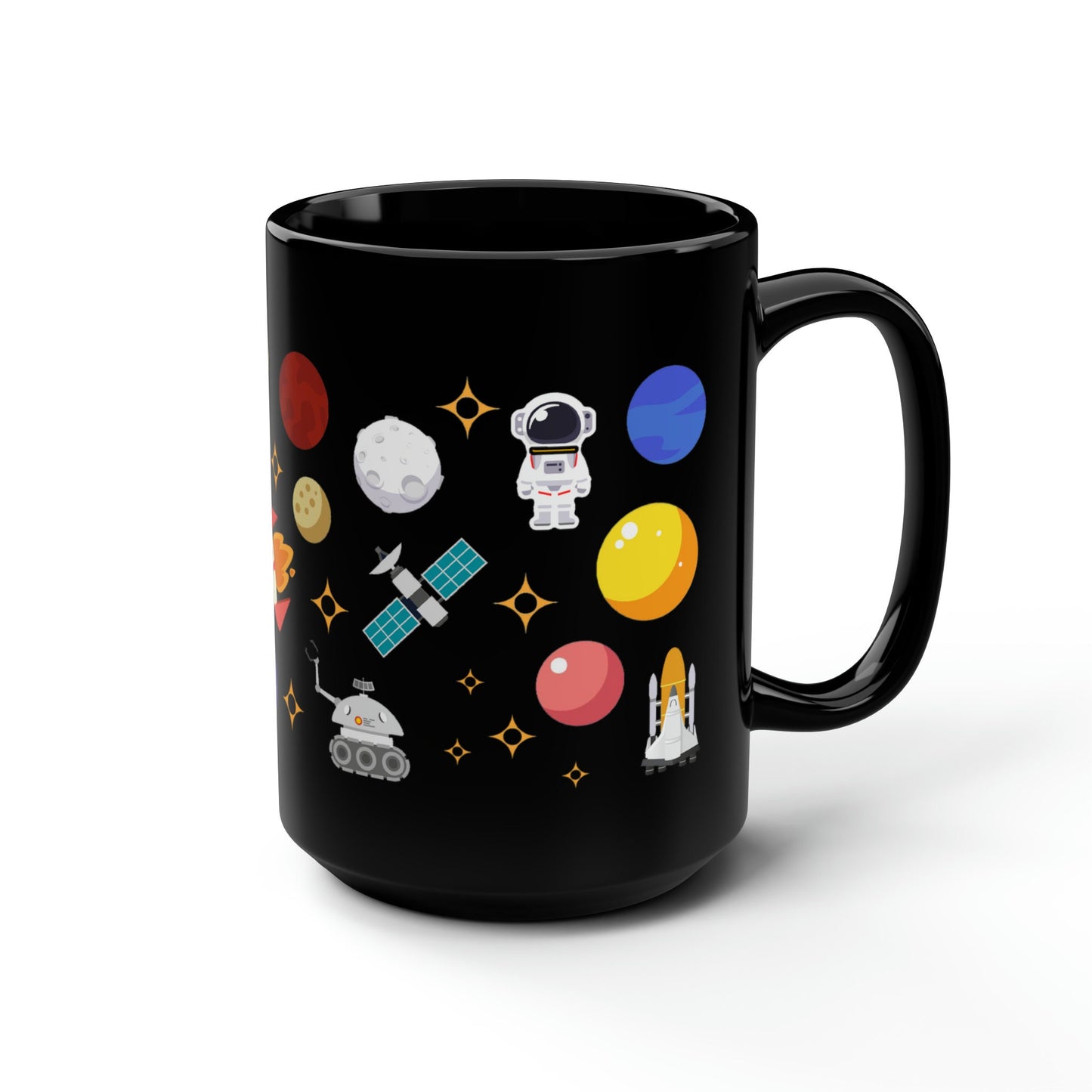 a black coffee mug with space and planets on it