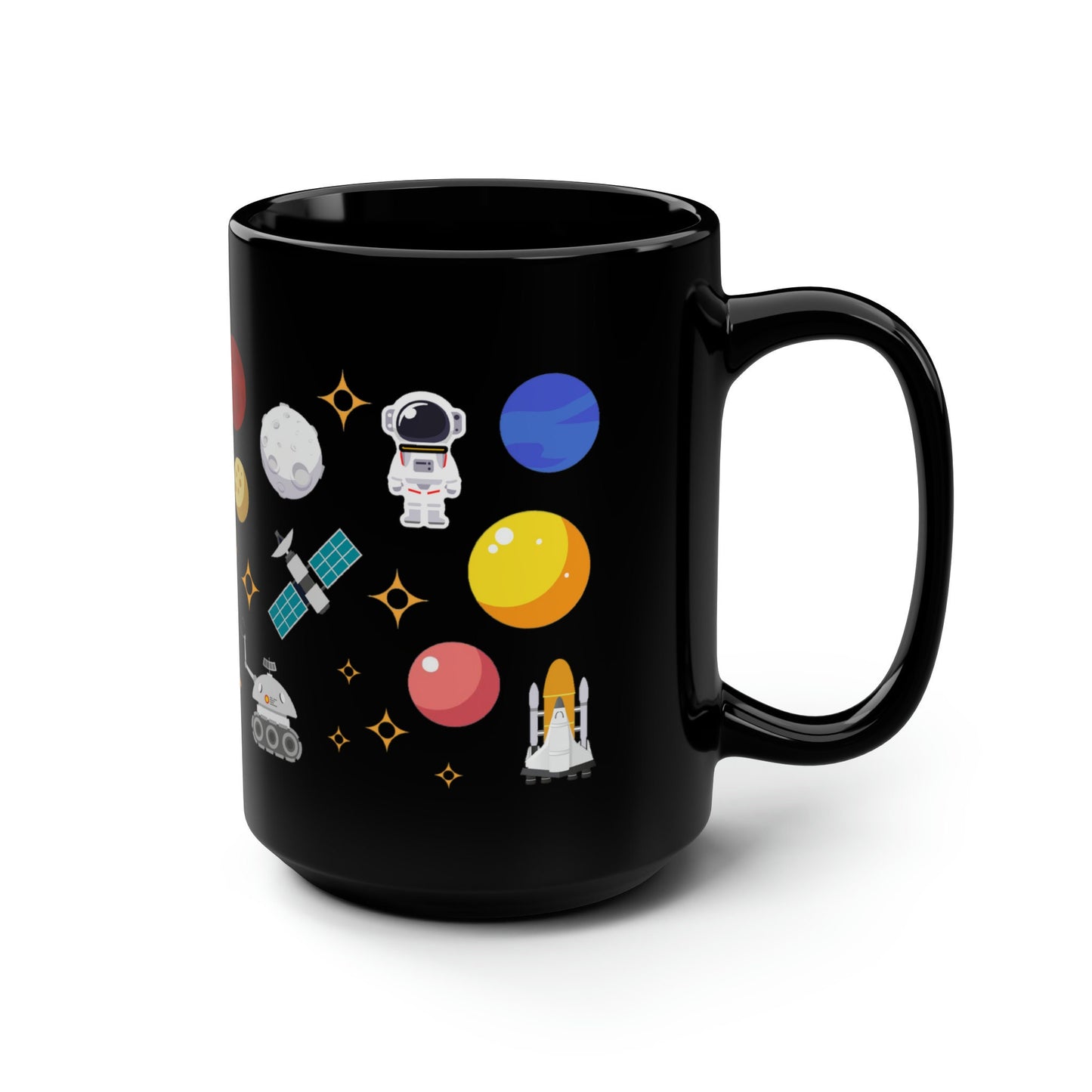 a black coffee mug with space and planets on it