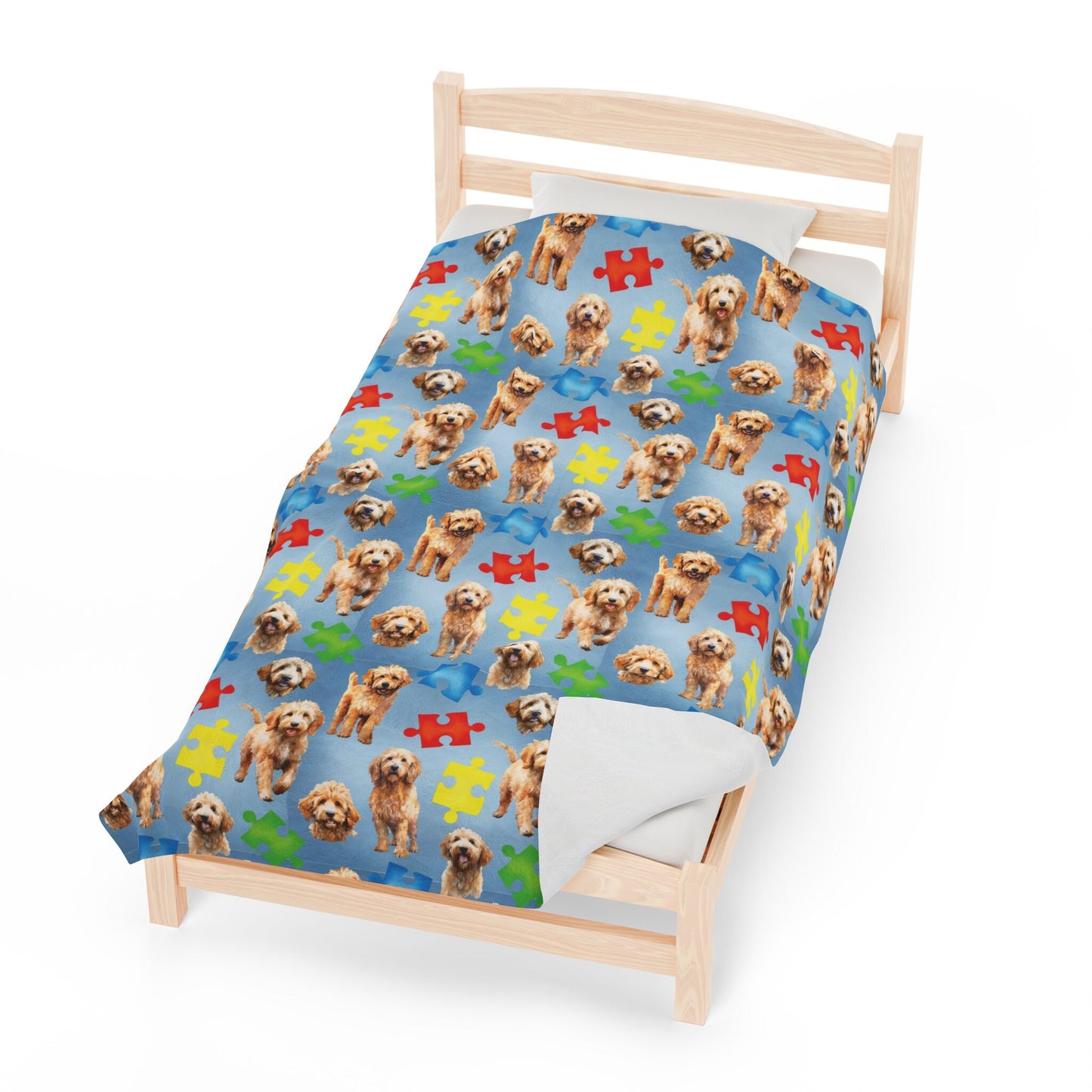 a bed with a dog pattern on it