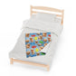 a bed with a white sheet and a picture of a dog on it