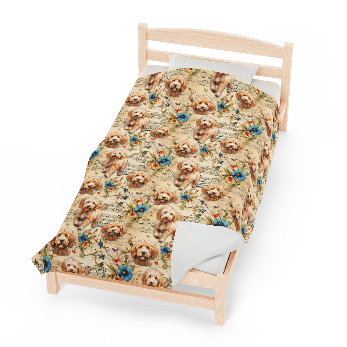 a small bed with a dog print on it