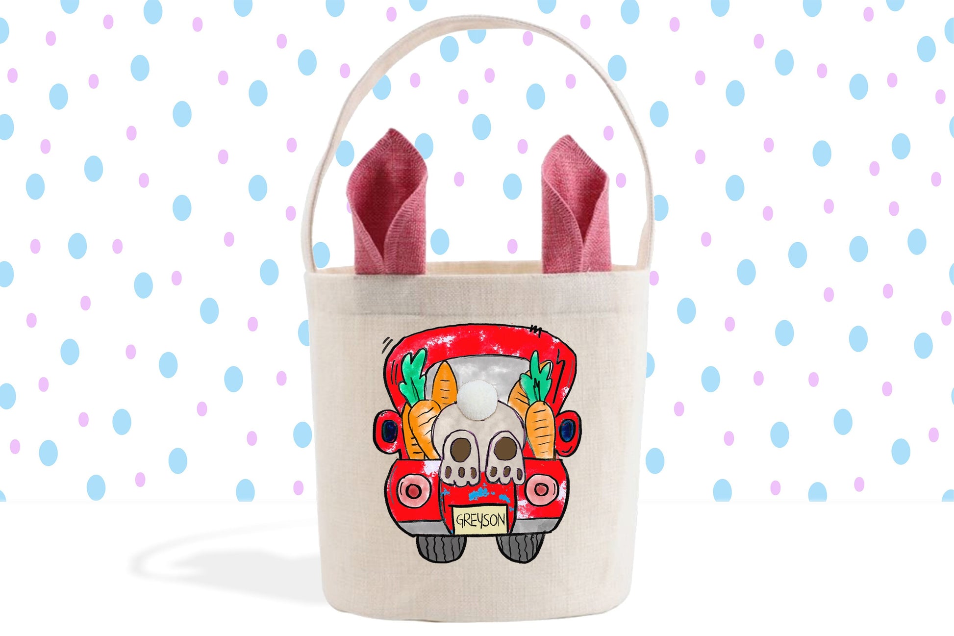a white bag with a red handle and a picture of a skull on it