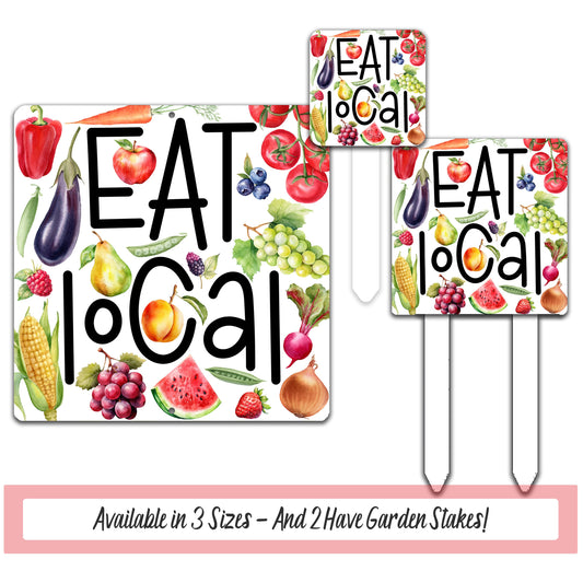 a set of three fruit and vegetable stickers with the words eat local on them