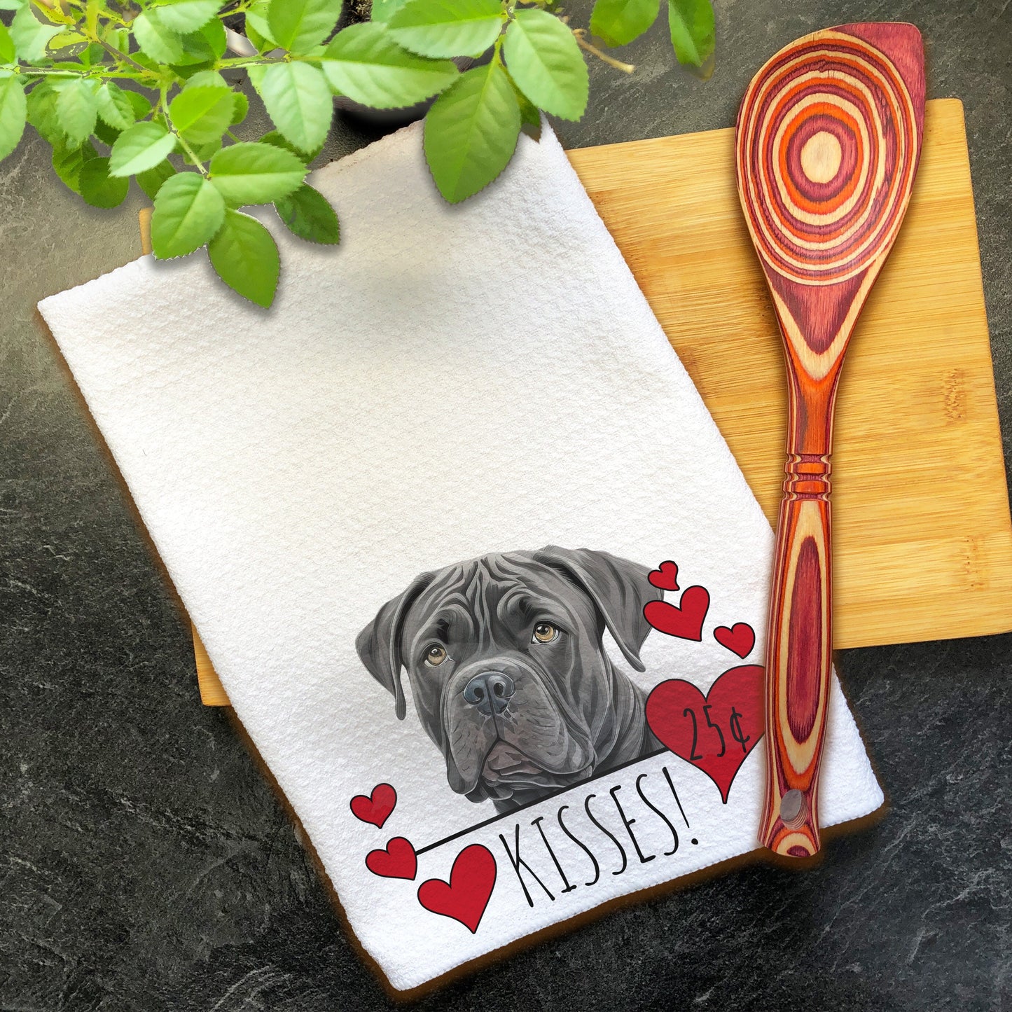 Cane Corso Dog Kisses Gift for Mom, Cane Corso Mom Valentine Gift, Hearts Dish Towel, Valentines Dog, Kitchen Tea Towel Mothers Day Gift