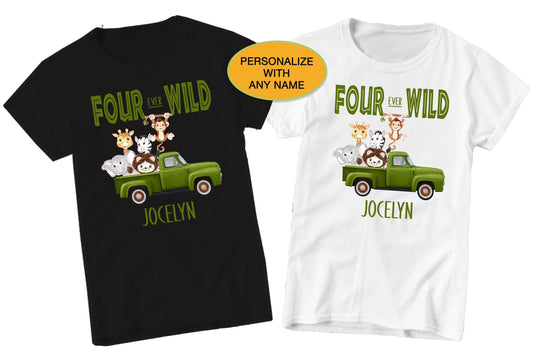 Four Ever Wild Personalized Shirt, Safari Birthday Party Shirt, Retro Truck Toddler Shirt, Wild One Safari Animal Kids Birthday Shirt Outfit