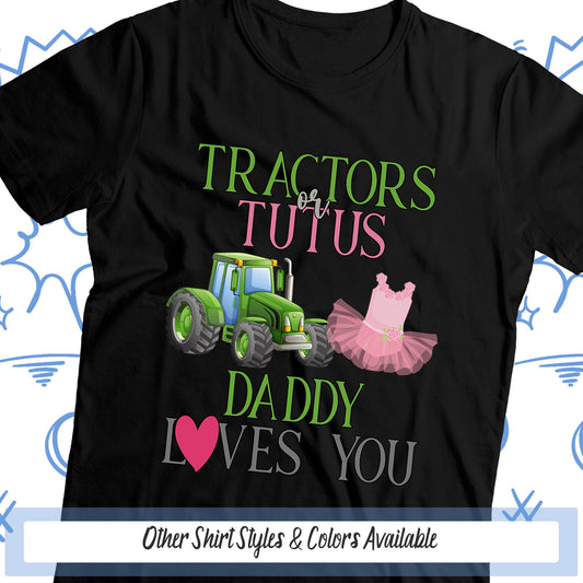a black shirt with a tractor and a pink tutu on it