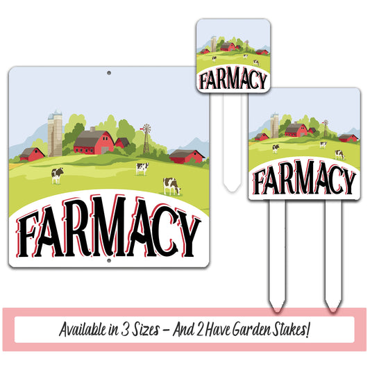 two farm yard signs with a farm scene in the background