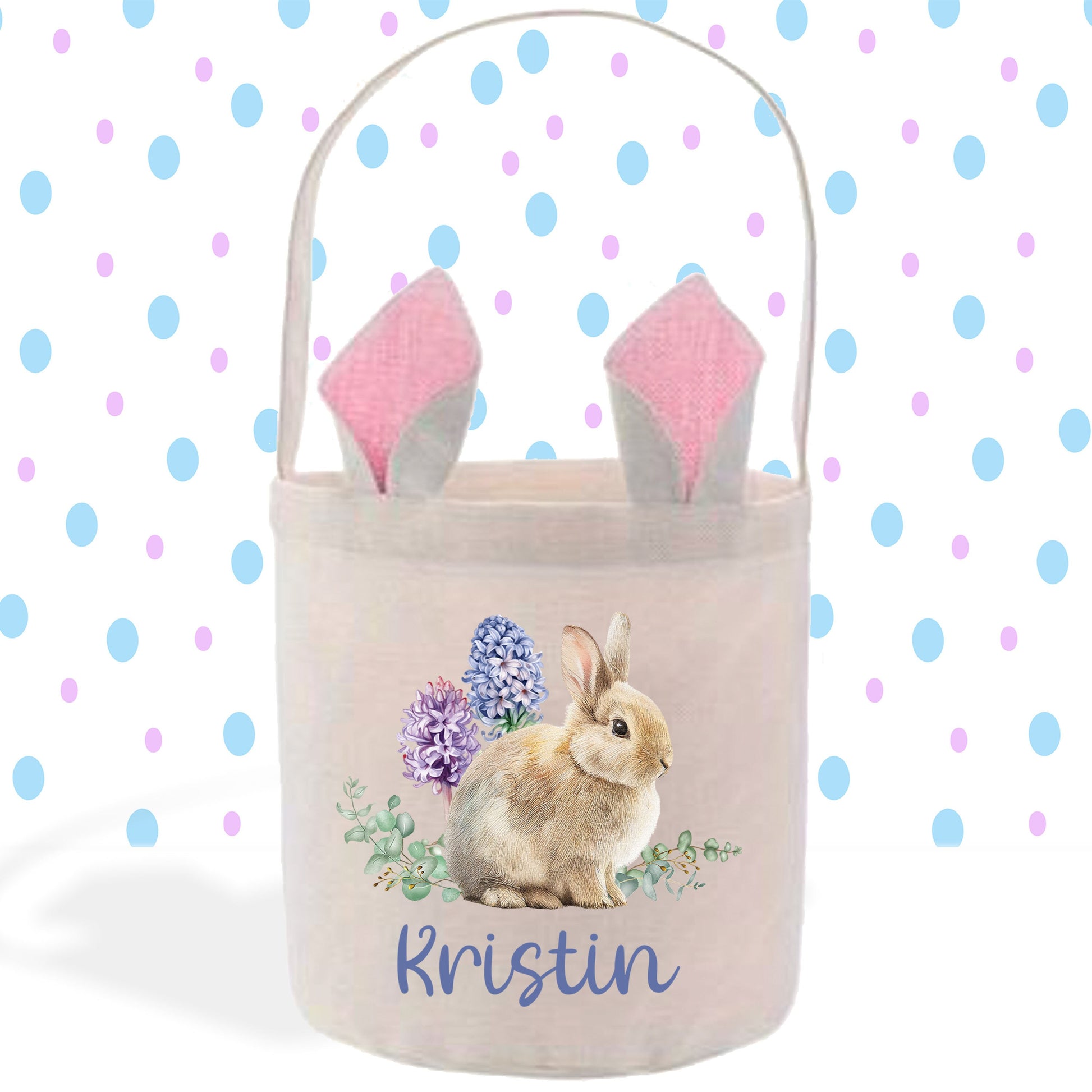 a bag with a bunny ears and a name on it