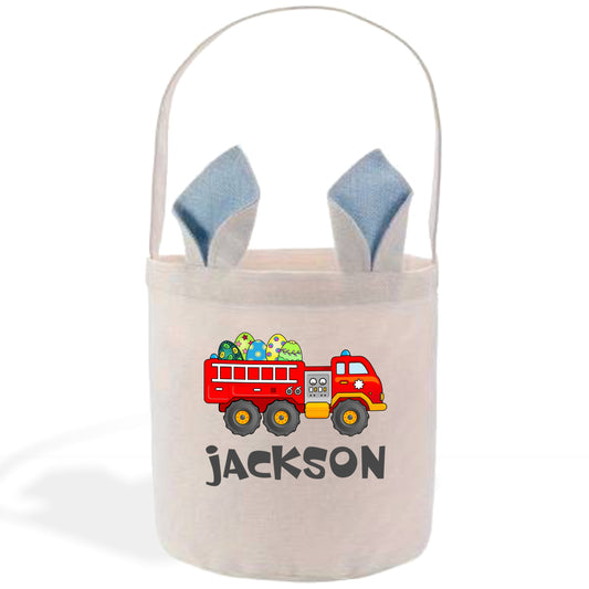 a white bag with a blue bunny ears and a firetruck on it