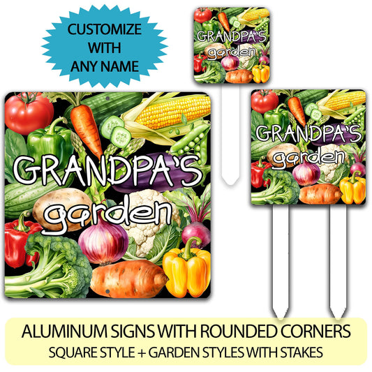 a set of four signs with vegetables on them