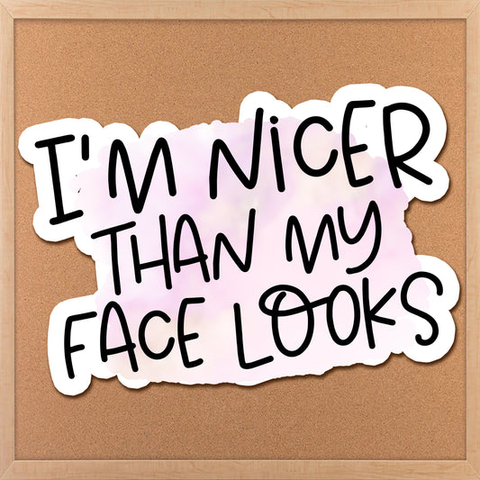 i&#39;m nicer than my face looks sticker on a bulletin board