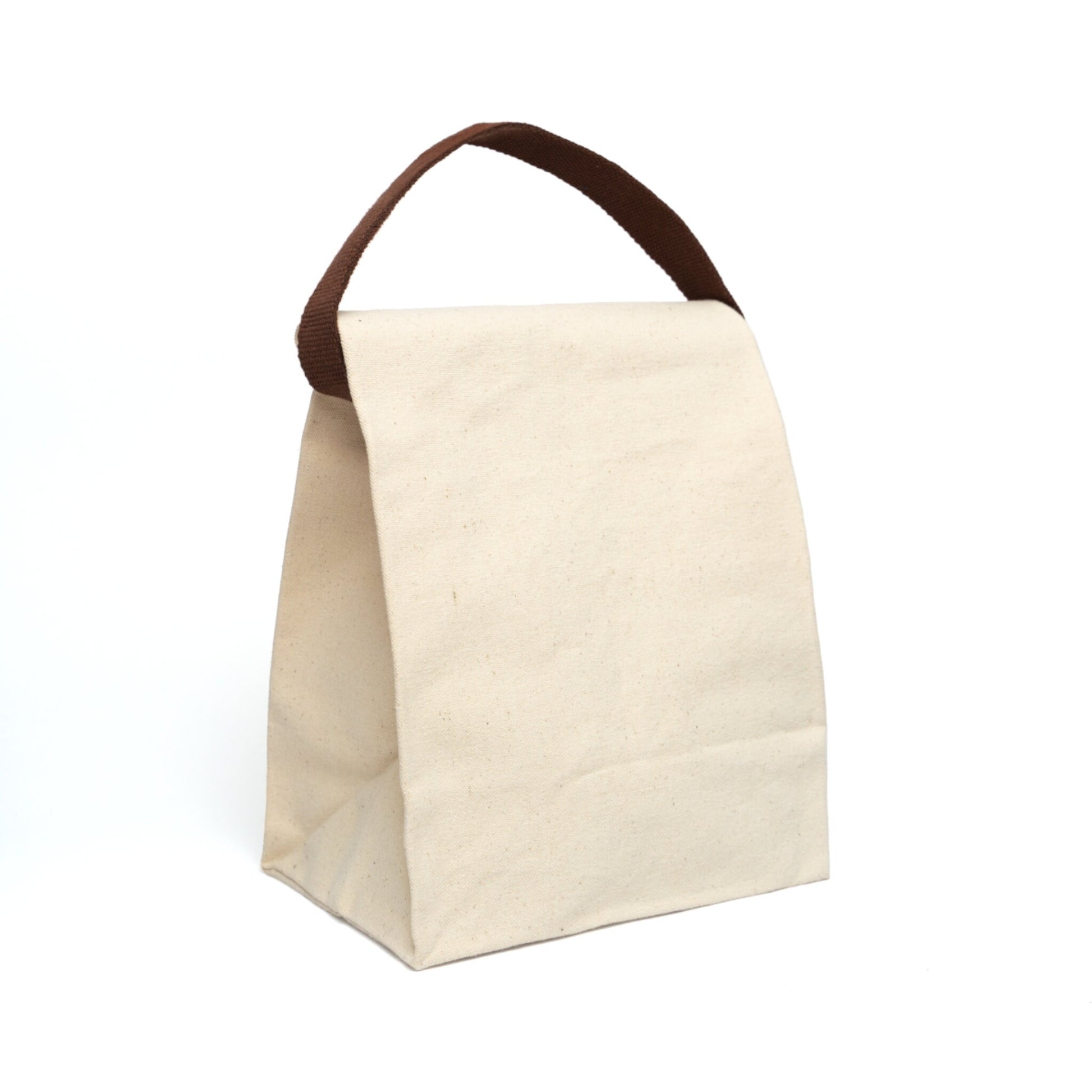 a white bag with a brown handle on a white background