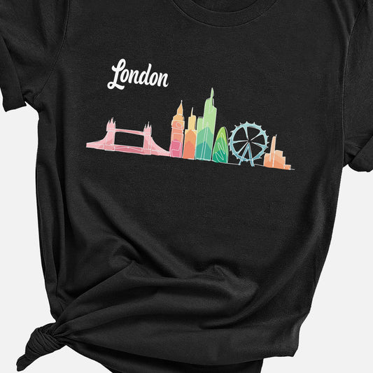 a black t - shirt with the london skyline drawn in rainbow colors