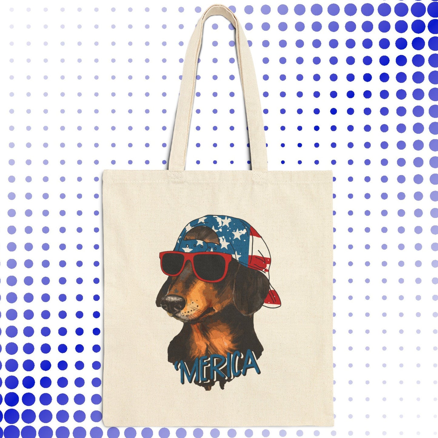 a tote bag with a picture of a dog wearing sunglasses