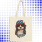 a tote bag with a picture of a dog wearing sunglasses