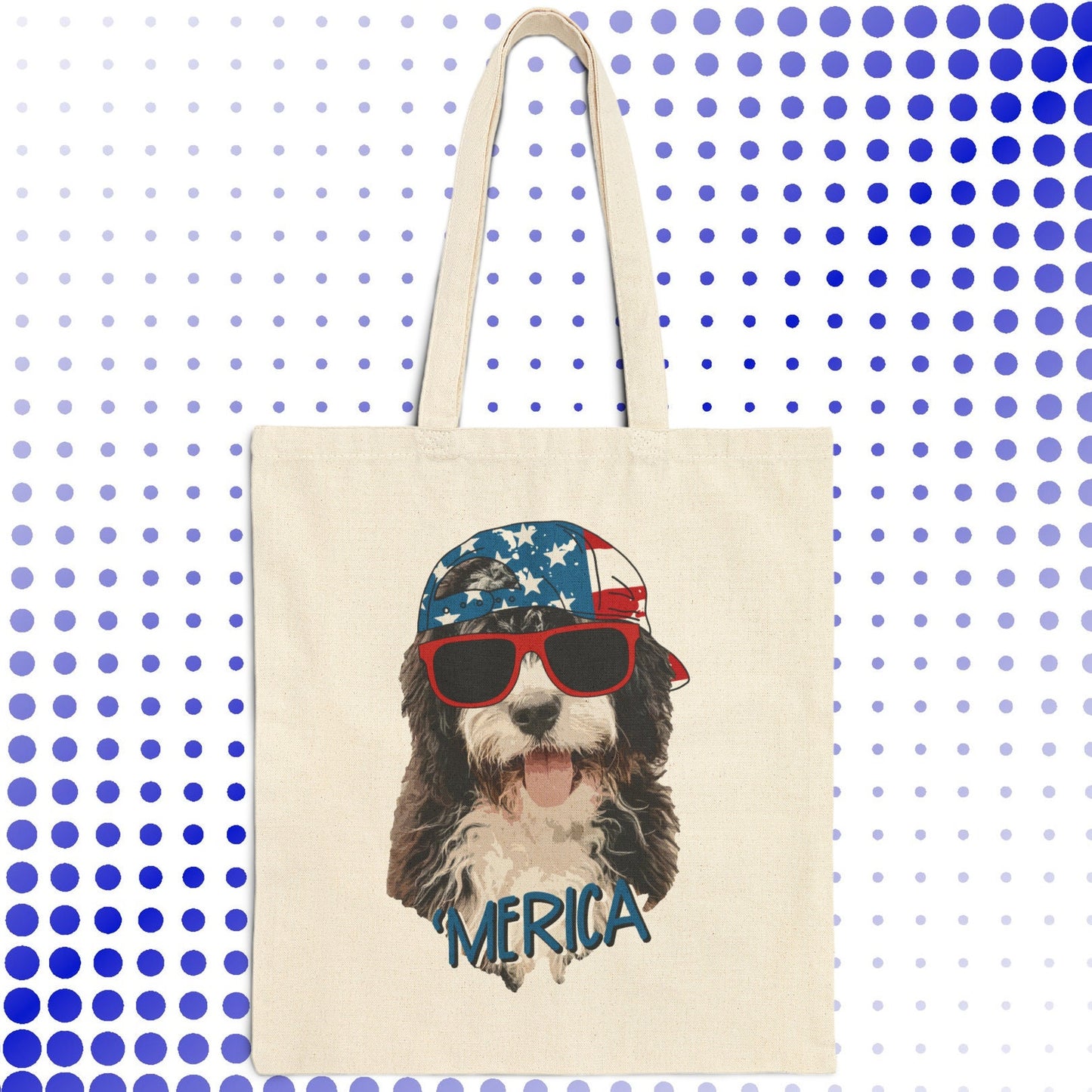 a tote bag with a picture of a dog wearing sunglasses