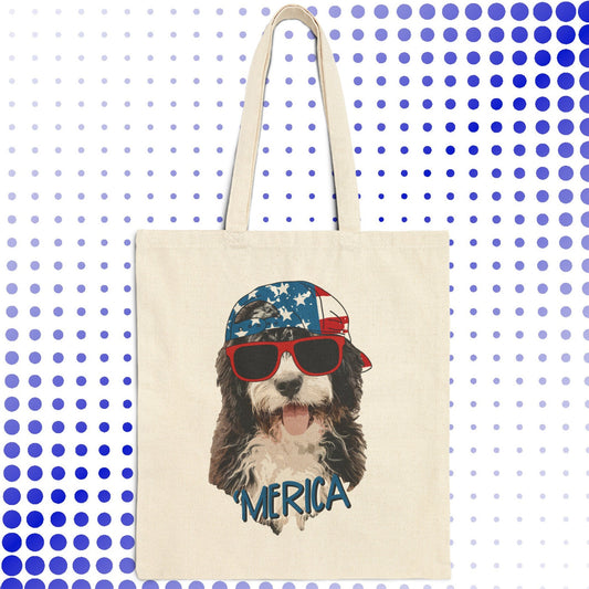 a tote bag with a picture of a dog wearing sunglasses